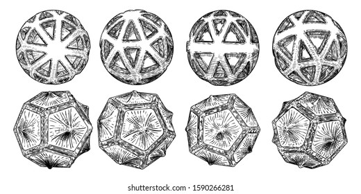 Set of decorative balls in hand drawn style. Abstract magic balls or mysterious orbs with holes, 3d printing sphere crystal. Vector. 