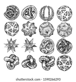 Set of decorative balls in hand drawn style. Abstract magic balls or mysterious orbs with holes, 3d printing sphere crystal. Vector. 