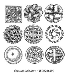 Set of decorative balls in hand drawn style. Abstract magic balls or mysterious orbs with holes, 3d printing sphere crystal. Circular decorative Christian religion cross design. Vector. 