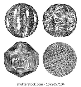 Set of decorative balls in hand drawn style. Abstract magic balls or mysterious orbs with holes, 3d printing sphere crystal. Vector. 