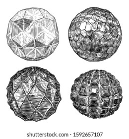 Set of decorative balls in hand drawn style. Abstract magic balls or mysterious orbs with holes, 3d printing sphere crystal. Vector. 