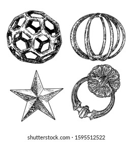 Set of decorative balls in hand drawn style. Magic balls or mysterious orbs with holes, 3d printing sphere crystal. Vector.