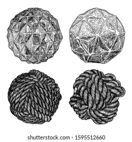 Set of decorative balls in hand drawn style. Abstract magic balls or mysterious orbs with holes, 3d printing sphere crystal. Vector. 