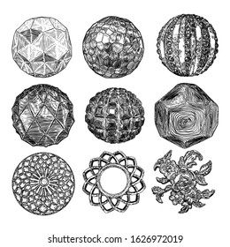 Set of decorative balls in hand drawn style. Abstract magic balls or mysterious orbs with holes, 3d printing sphere crystal. Vector. 