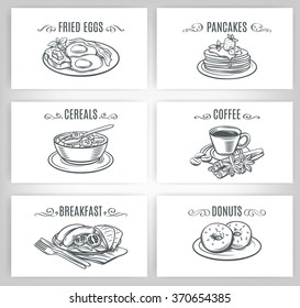 Set of decorative banners breakfast  coffee donuts  croissant   pancake omelet. Vector Illustration.