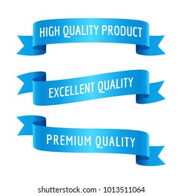 Set of decorative banners with text. Blue ribbons, vector illustration