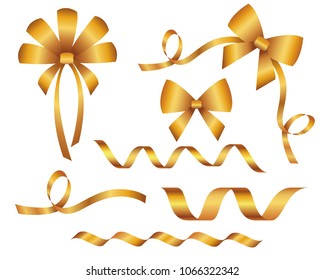 Set of decorative beautiful golden bows. Shiny long ribbon isolated on white background. Holiday decorations for your design and buisness.