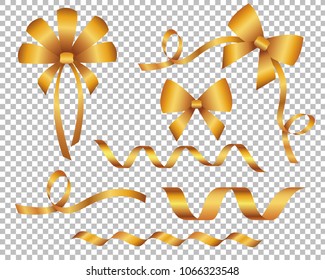 Set of decorative beautiful golden bows. Shiny long ribbon isolated on transparent background. Holiday decorations for your design and buisness.