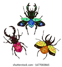 Set of decorative beetles Isolated on a white background. Vector graphics.