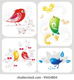 Set with decorative bird colorful silhouettes on cards with floral ornamental elements. Vector illustration.