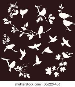 Set of decorative bird and twig silhouettes. Vector birds sitting on tree branches and flying