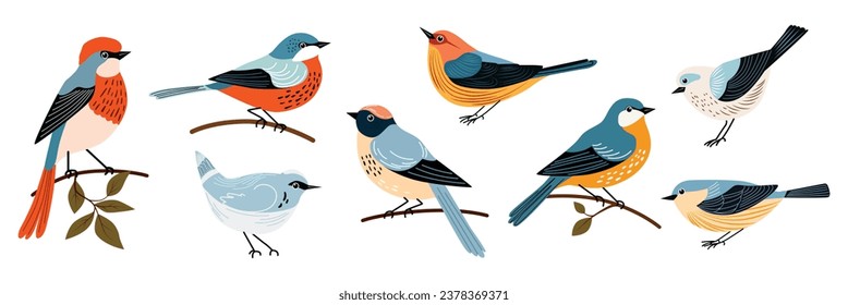 Set of decorative birds hand draw flat vector.