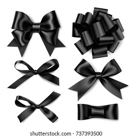 Set of decorative black bow isolated on white with shadow. Realistic vector objects. Black friday sale decoration