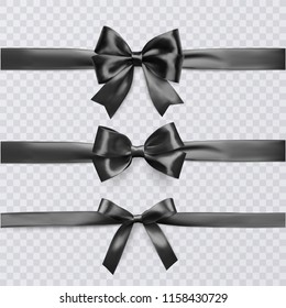 Set of decorative black bows with horizontal ribbon isolated on transparent background, bow and ribbon for gift decor, vector illustration