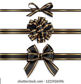 Set of decorative black bows with horizontal ribbons isolated on white background. Vector illustration. Holiday decoration for black friday sale design