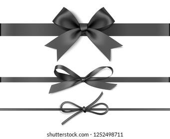 Set of decorative black bows with horizontal black ribbons isolated on white background. Vector illustration.