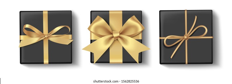 Set of decorative black boxes with gold bow isolated on white. Vector illustration.