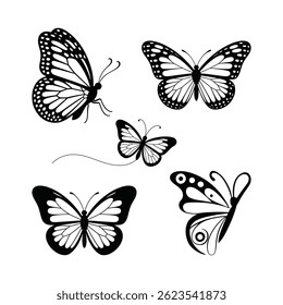 Set of decorative black butterfly illustrations on a plain white background, perfect for print and digital art