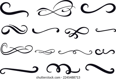 Set of Decorative Black Calligraphic Wavy Flourishes Elements Vector Design Illustration