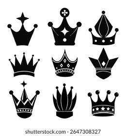 Set of decorative black crown silhouettes in modern royal styles