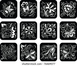 set of decorative black flowers