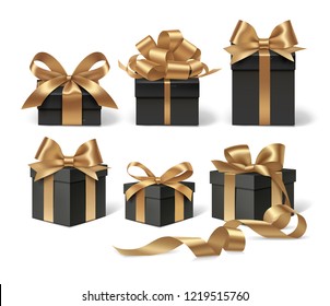 Set of decorative black gift boxes with golden bow for black friday sale design. Vector illustration. Holiday object isolated on white
