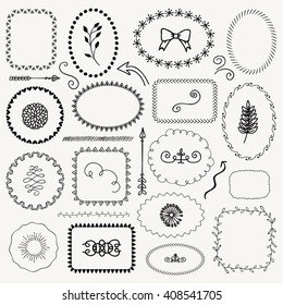 Set of Decorative Black Hand Sketched Rustic Floral Doodle Frames, Borders, Dividers, Design Elements. Hand Drawing Vector Illustration. 