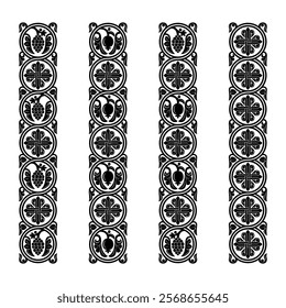 Set of decorative black patterns with symbolic plants and cross. Overlapping circles. Stencil for wood carving.