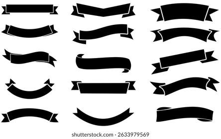 Set of decorative black ribbon banners isolated on white, Black Ribbons Set, Vector Illustration, Vector green ribbons.Ribbon banner set,Ribbon banner set, Black ribbons.