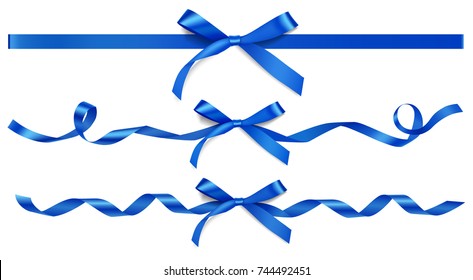 Set of decorative blue bow with horizontal ribbons isolated on white. Vector design elements. Winter holiday decoration