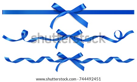 Set of decorative blue bow with horizontal ribbons isolated on white. Vector design elements. Winter holiday decoration