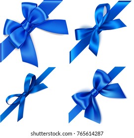 Set of decorative blue bows with diagonally blue ribbon on the corner isolated on white. Winter holiday or Fathers Day design elements. Vector illustration