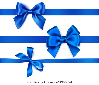 Set of decorative blue bows with horizontal ribbons isolated on white. Vector illustration