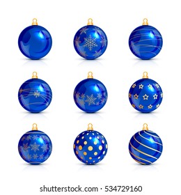 Set of decorative blue Christmas balls isolated on white background, illustration.