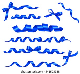 Set of decorative blue ribbons and bows for gift decor isolated on white. Vector holiday decoration