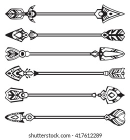Set of decorative bohemian style rows. Abstract tribal arrows in a tattoo style. Vector illustration