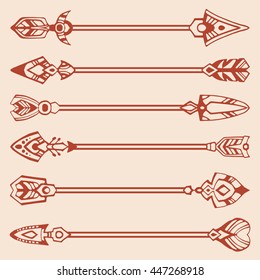 Set of decorative bohemian style rows. Abstract tribal arrows in a tattoo style. Vector illustration