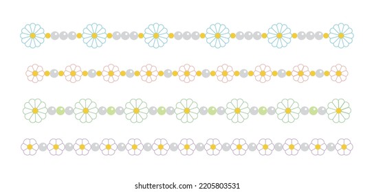 Set of decorative border lines in cute designs of daisy flowers and bead patterns. Jewelry, accessories, fashion decoration.