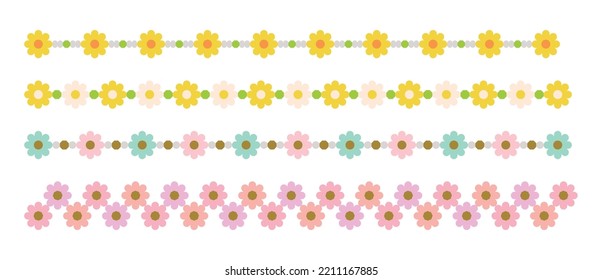 Set of decorative border lines in cute designs of daisy flowers and bead patterns. Jewelry, accessories, fashion decoration.