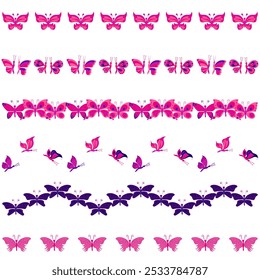 Set of decorative borders with butterflies. Vector illustration isolated on white background.