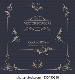 Set of decorative  borders, corners. Template signage, logos, labels, stickers, cards. Graphic design page. Floral borders. Classic design elements for wedding invitations.