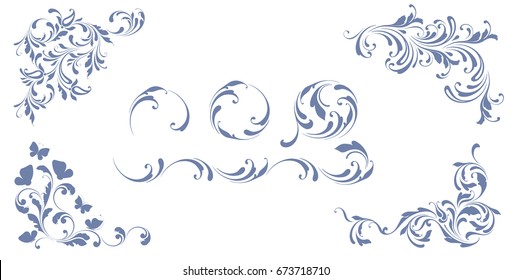 The set of decorative borders. Creative frame. Floral design elements for greeting cards, covers, paper, Wallpaper, banners. Swirly corner pattern.