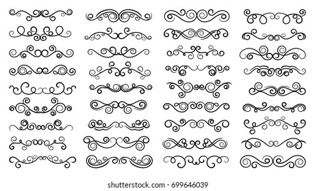 Set of decorative borders. Dividers for calligraphy graphic design, postcard, menu, wedding invitation, romantic style. Black elements on white background. Vector illustration.