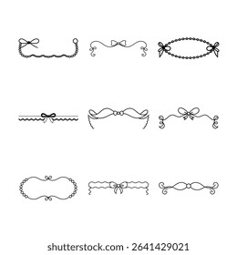 Set of decorative borders and frames with bows and beads. Black and white vector illustration.