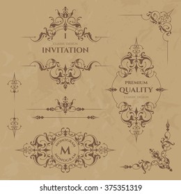 Set of decorative  borders, frames, corners and monograms. Template signage, logos, labels, stickers, cards, menu. Graphic design page. Floral borders. Classic design elements for wedding invitations.