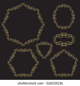 Set of decorative borders, line art filigree frames in gold color on black background. For invitation, flayer, cover, greeting card, monogram