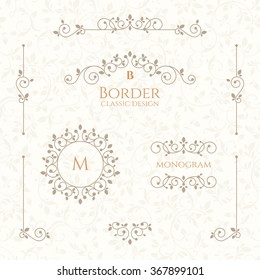 Set of decorative  borders, monograms and seamless pattern. Template signage, labels, stickers, cards. Graphic design page. Classic design elements for wedding invitations.