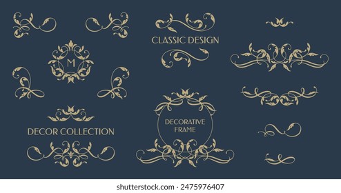 Set of decorative  borders and monograms. Template signage, label.