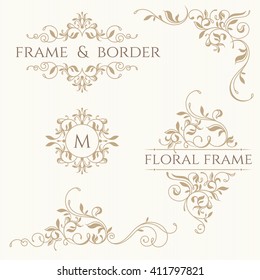 Set of decorative  borders and monograms. Template signage, labels, stickers, cards. Graphic design page. Classic design elements for wedding invitations.