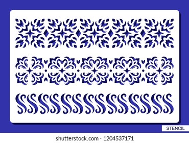 Set of decorative borders. Stencil with lace and floral patterns. Template for laser cutting, wood carving, paper cut and printing. Vector illustration.